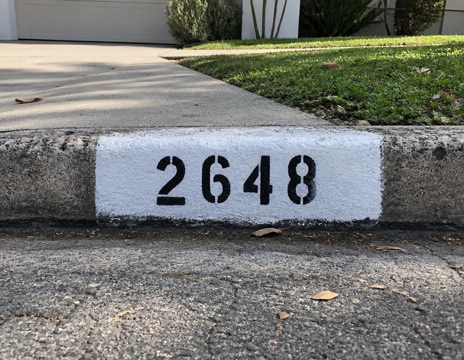 The same curb after being repainted with crisp black numbers on a white block
